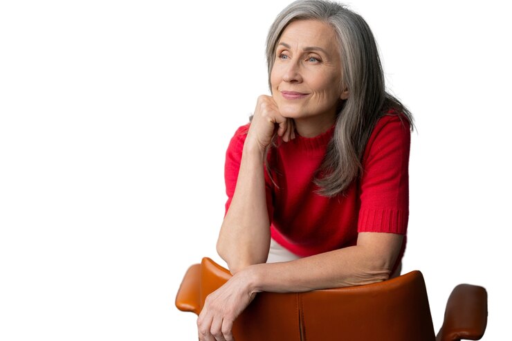 Free PSD senior woman smiling thoughtfully
