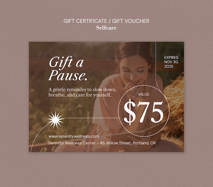 Free PSD serenity wellness gift certificate for selfcare