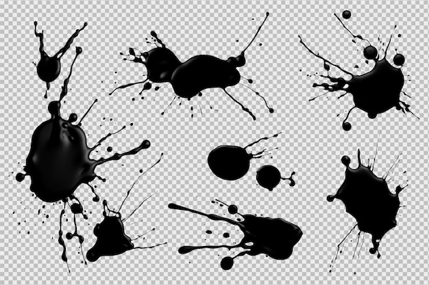 Free PSD set of black paint splashes isolated on a transparent background