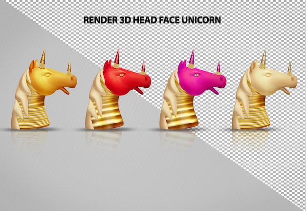 Imposta collezione 3d render illustrazione unicorno testa viso unicorno