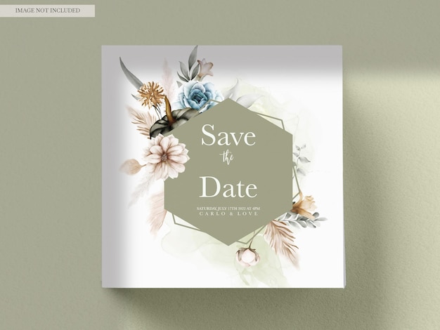 Free PSD set of elegant hand drawn watercolor flowers wedding invitation