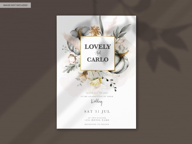 Free PSD set of elegant hand drawn watercolor flowers wedding invitation