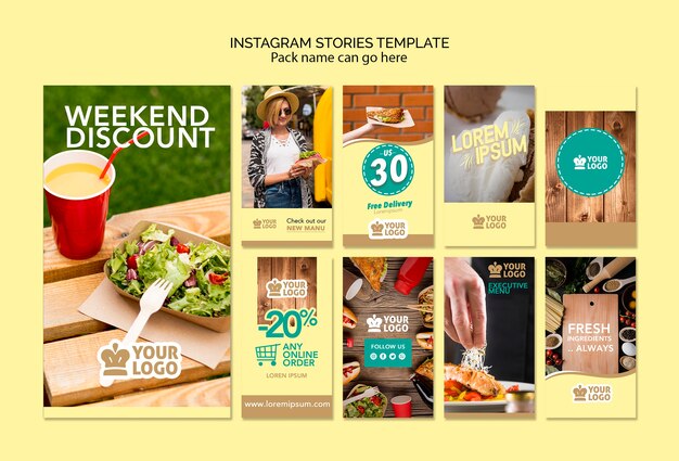 Set of instagram stories template with delicious food offers