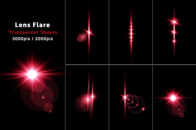 Set of lens flares with transparent red light streak