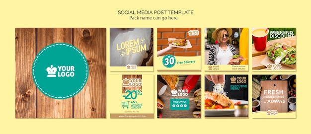 Набор шаблонов сообщений в социальных сетях с вкусными предложениями еды