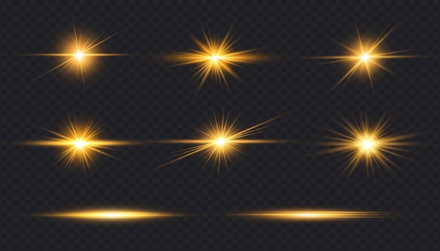 Set of transparent digital golden lens flares isolated