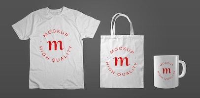 Set of white tshirt tote bag and mug mockup