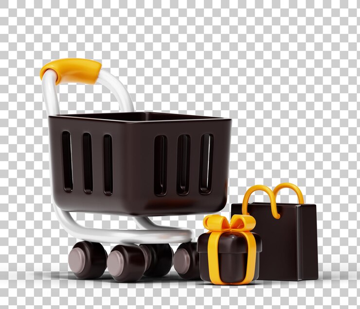 Бесплатный PSD торговая тележка с сумкой для покупок и подарочной коробкой shopping online концепция 3d