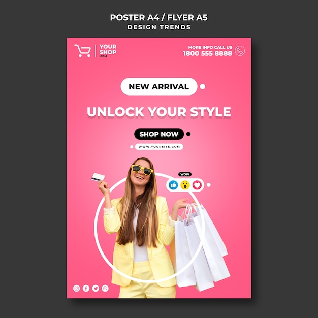 PSD gratuito modello di poster pubblicitario donna dello shopping