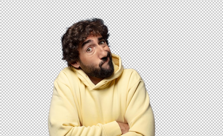 Free PSD shrugging feeling confused and uncertain doubting with arms crossed and puzzled look