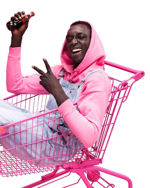 Side view young man in shopping cart
