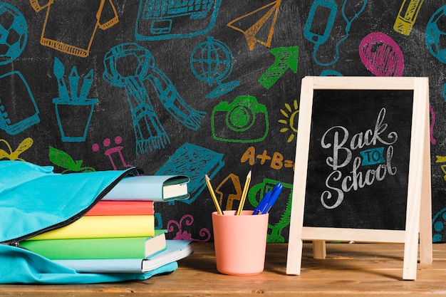 Sideways blue backpack with chalkboard