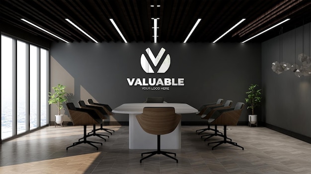 Silver company logo mockup in the office meeting room with black wall