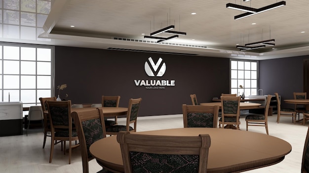 Silver logo mockup on cafe or restaurant wall with wooden table and chair