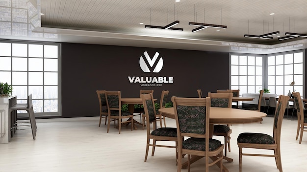 Silver logo mockup on cafe or restaurant wall with wooden table and chair