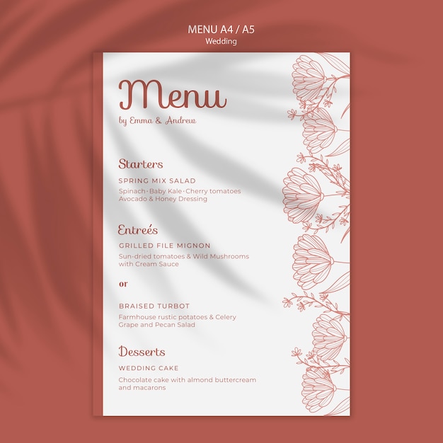 PSD gratuito modello di menu semplice ed elegante per il matrimonio