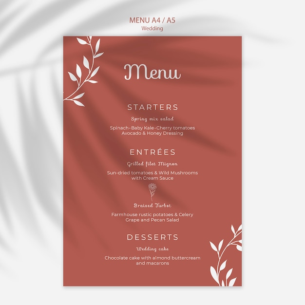 PSD gratuito menu semplice ed elegante per il matrimonio