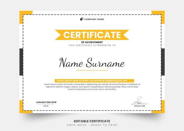 Simple yellow and modern certificate template