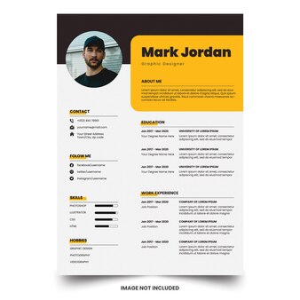 シンプルな黄色の履歴書デザイン編集可能なテンプレート