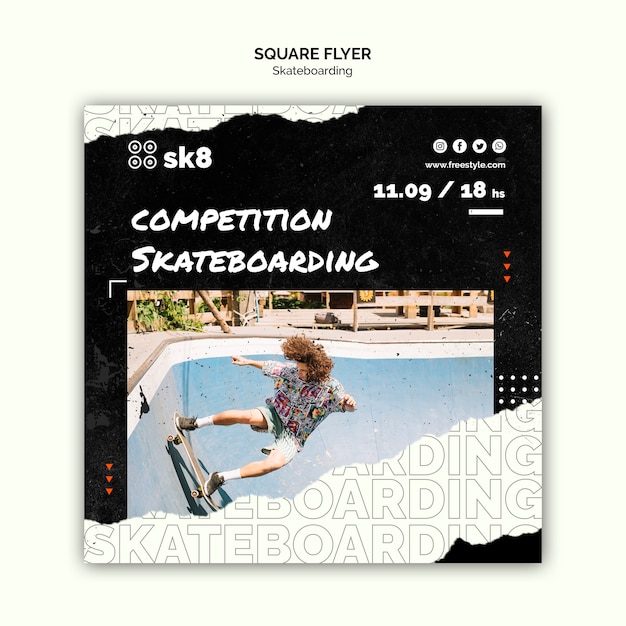 PSD gratuito modello di volantino quadrato concetto di skateboard