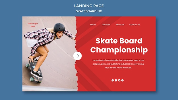 PSD gratuito modello di pagina di destinazione del concetto di skateboard