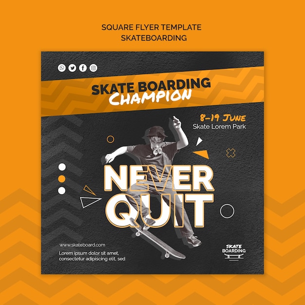 Skateboarding square flyer template with photo