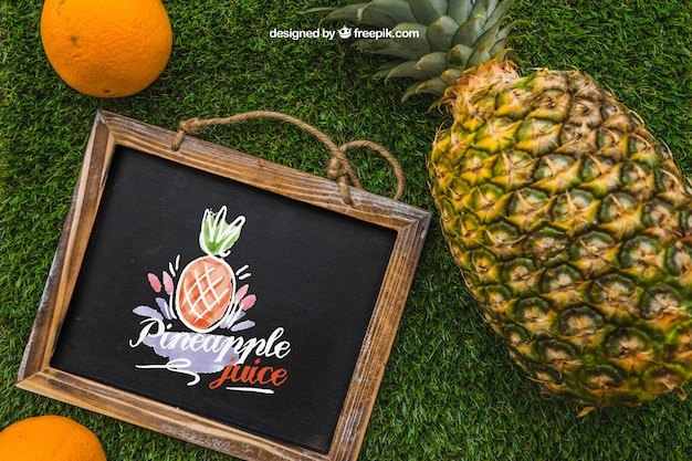 Free PSD slate and pineapple on grass