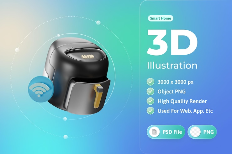 Free PSD smart home air fryer 3d illustration