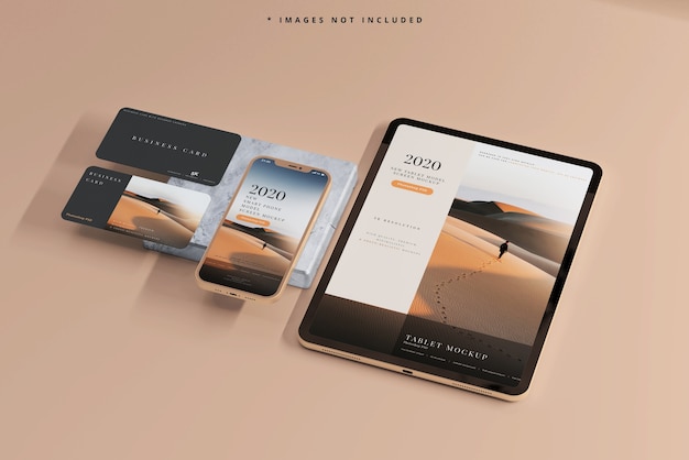 Smart phone and tablet with business cards mockups