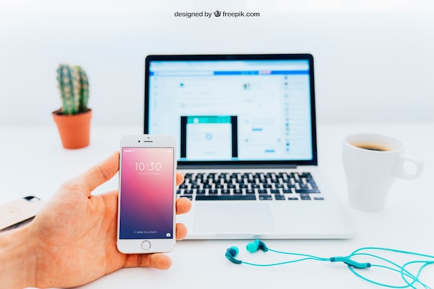 smartphone and laptop mockup with cactus