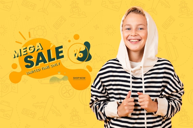 Smiley kid posing in sweatshirt with hoodie