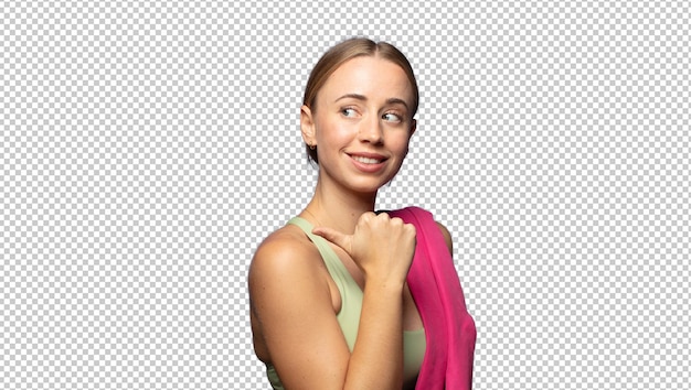 smiling cheerfully and casually pointing to copy space on the side feeling happy and satisfied