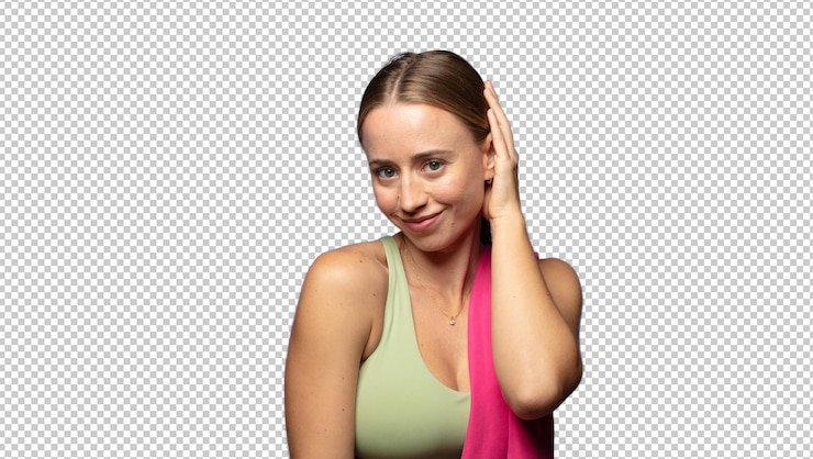 Free PSD smiling cheerfully and casually taking hand to head with a positive happy and confident look