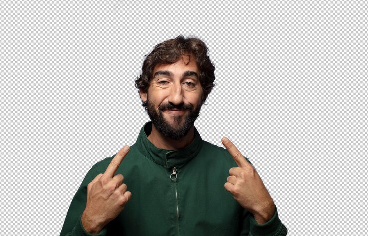 Free PSD smiling confidently pointing to own broad smile positive relaxed satisfied attitude
