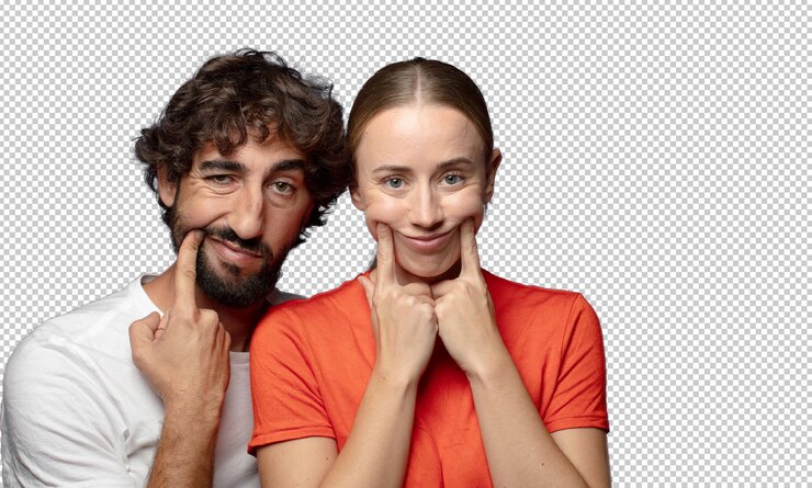 Free PSD smiling confidently pointing to own fake smile