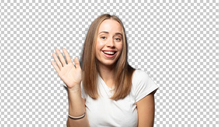 Free PSD smiling happily and cheerfully waving hand welcoming and greeting you or saying goodbye