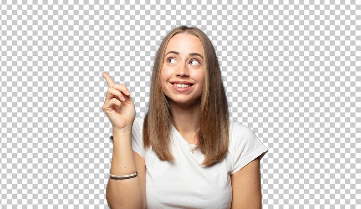 Free PSD smiling happily and looking sideways wondering thinking or having an idea