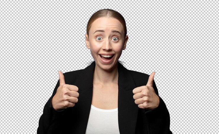 Free PSD smiling joyfully and looking happy feeling carefree and positive with both thumbs up