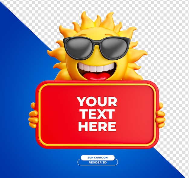Smiling sun with sunglasses holding sign in 3d render cartoon with transparent background