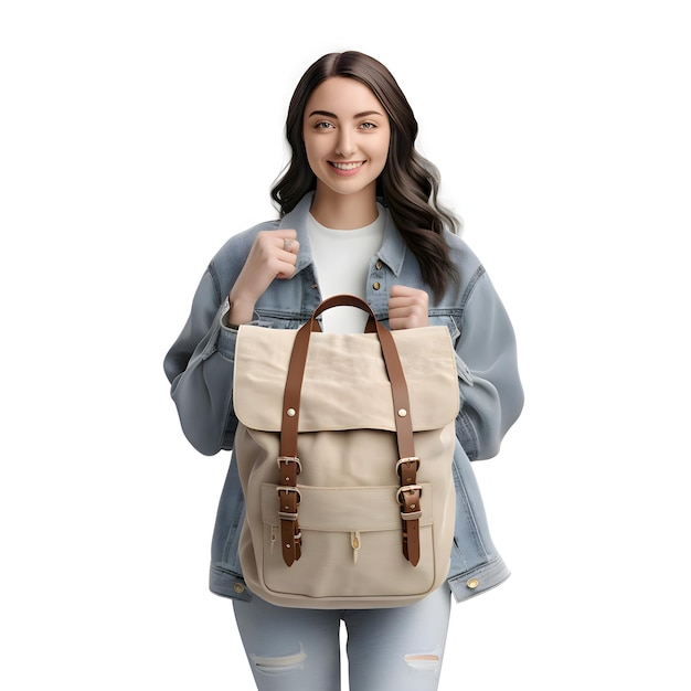 Free PSD smiling teenage girl in jeans jacket with backpack isolated on white background