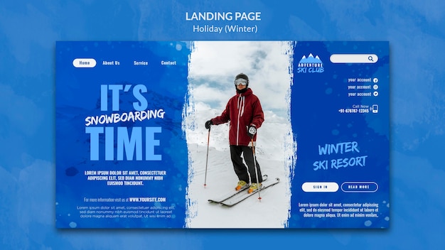 PSD gratuito pagina di destinazione del tempo di snowboard