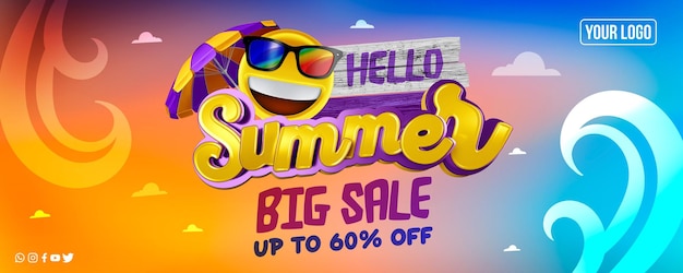 Free PSD social media banner hello summer big sale up to 60 off
