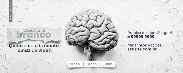 Social media banner template white January campaign who takes care of the mind takes care of life