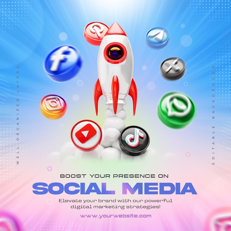 Free PSD social media marketing post template with social networking logos and icon around 3d rocket