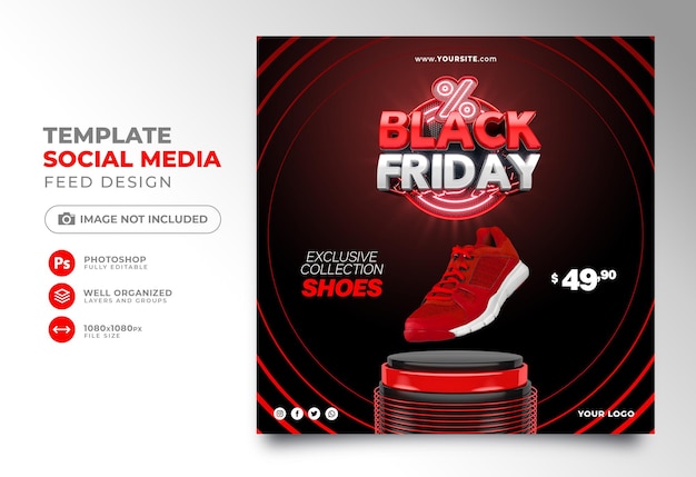 Social media post black friday 3d render for instagram with super offers and promotions