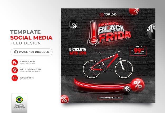 Social media post black friday 3d render realistic for marketing campaigns in brazil in portuguese