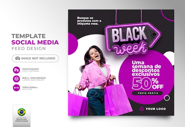 Social media post black friday 3d render template design in portuguese brazil black week