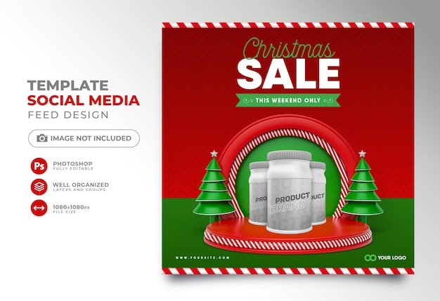 Social media post christmas sale with podium and christmas tree 3d render cartoon template design