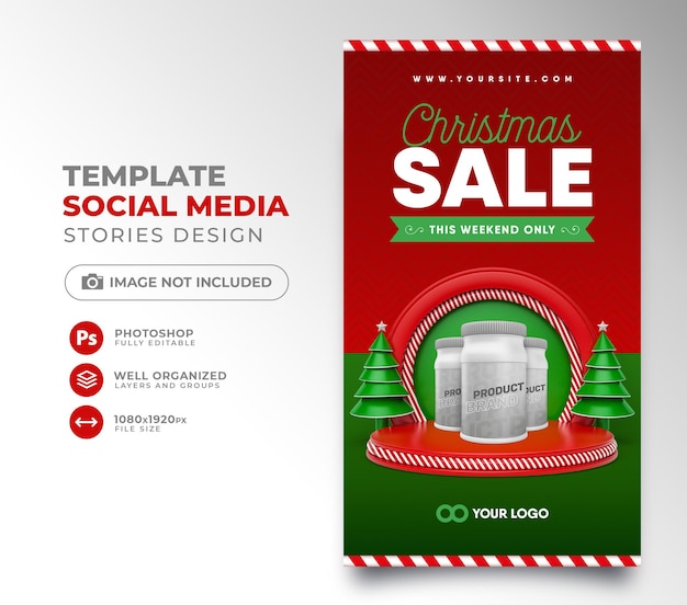 Social media post christmas sale with podium and christmas tree 3d render cartoon template design