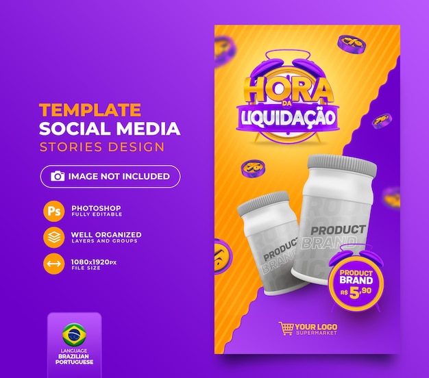 Social media post liquidation time 3d render in brazil template design in portuguese